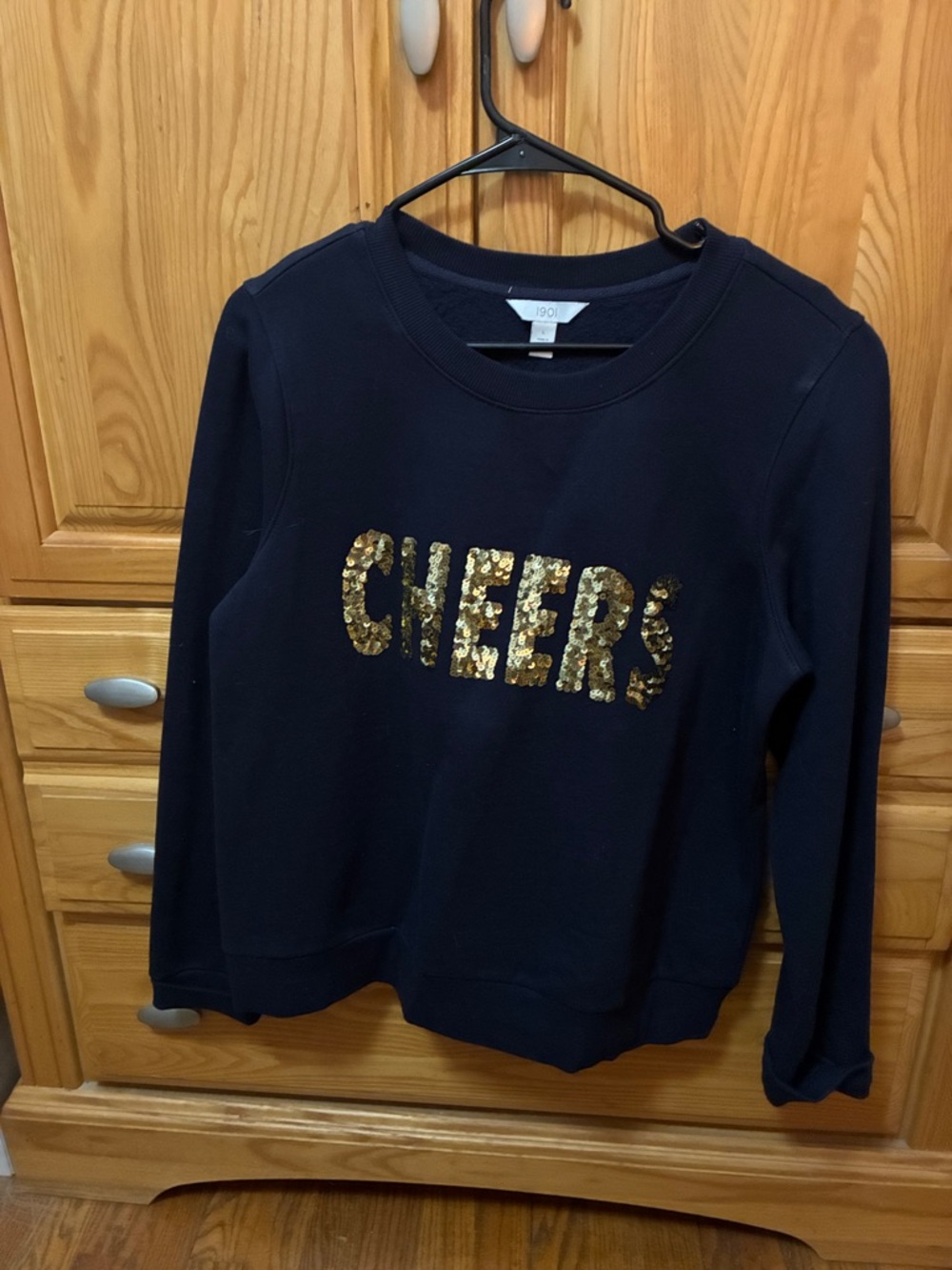 woman’s Navy Sweatshirt with Gold Sequin CHEERS Large